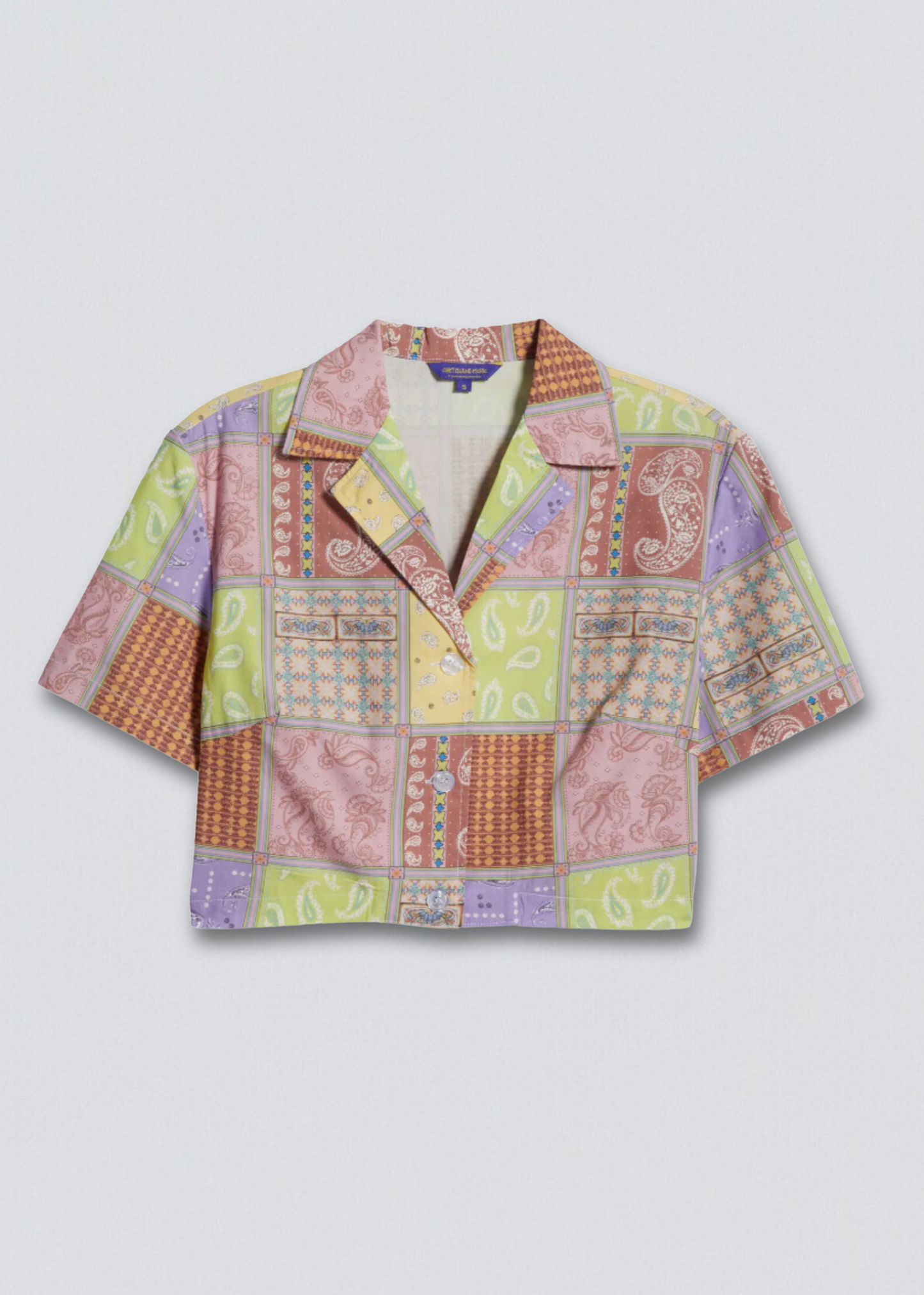 Y2K Patchwork Print Crop Camp Shirt